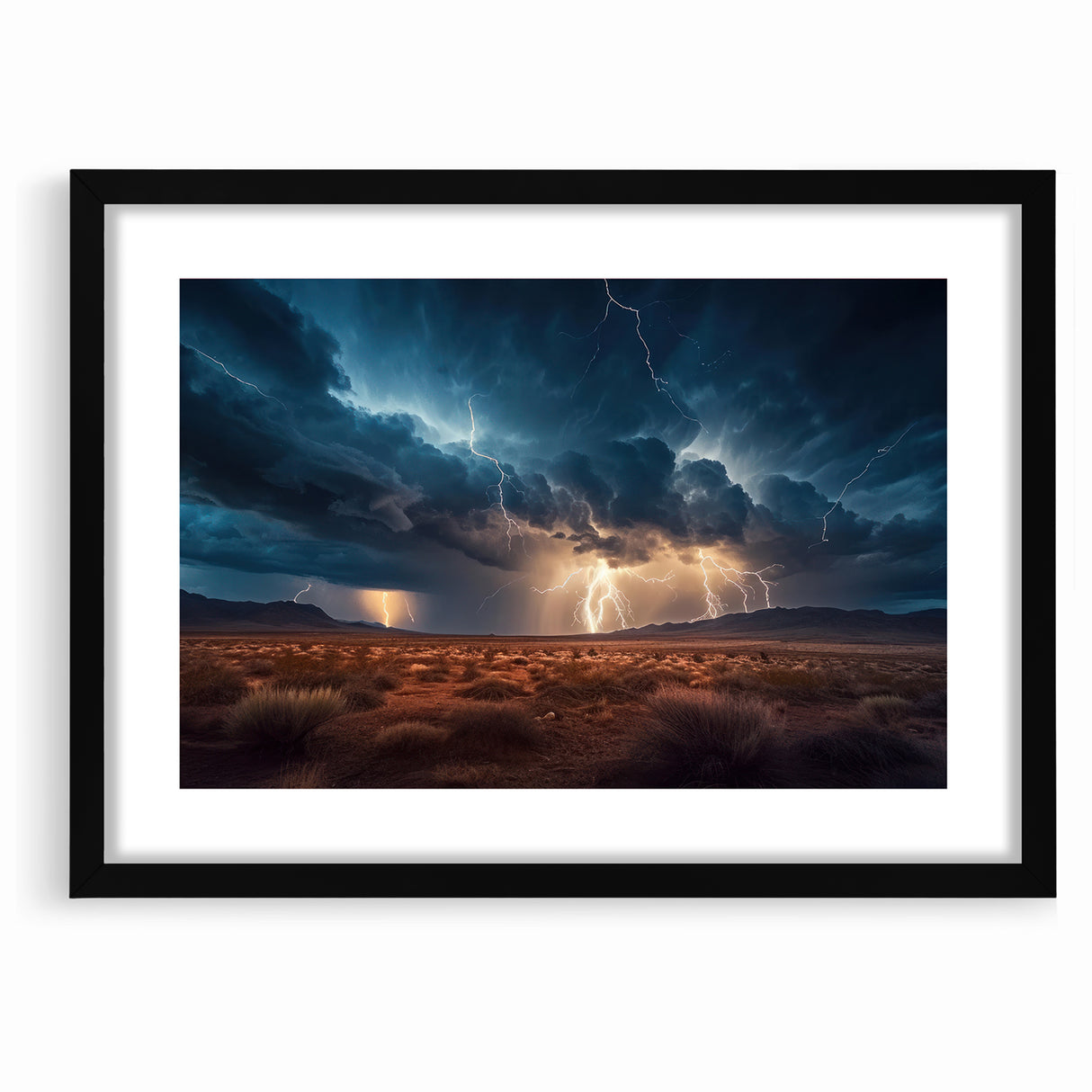 Lightning Storm Over Desert Landscape - Earth Phenomena Wall Art Print