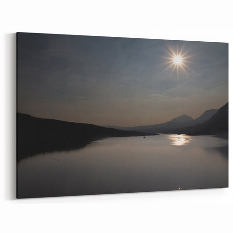 Serene Solar Eclipse Wall Art – Mountain and Lake Eclipse Canvas Print