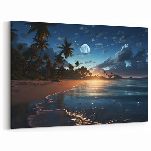 Moonlit Tropical Beach Canvas – Celestial and Coastal Wall Art Decor