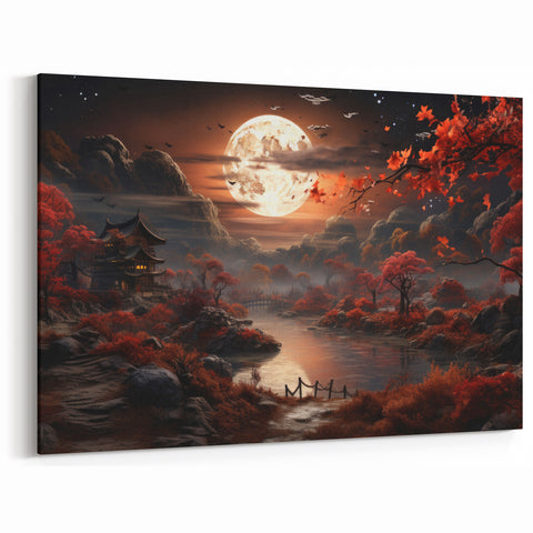Moonlit Autumn Landscape with Pagoda – Enchanting Celestial Wall Art
