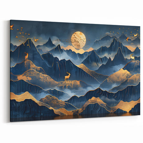 Golden Moonlit Mountains with Wildlife – Luxurious Celestial Wall Art