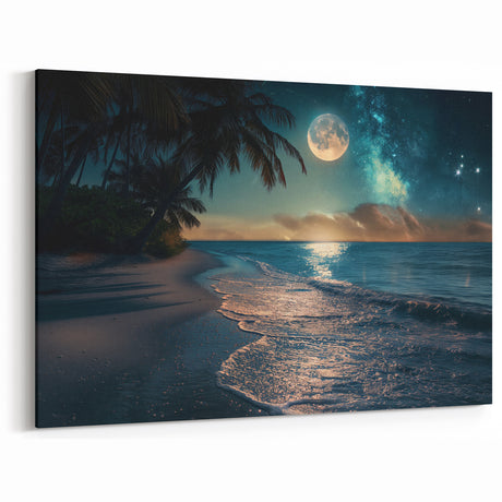 Moonlit Beach with Starry Sky – Tranquil Celestial Wall Art Decor