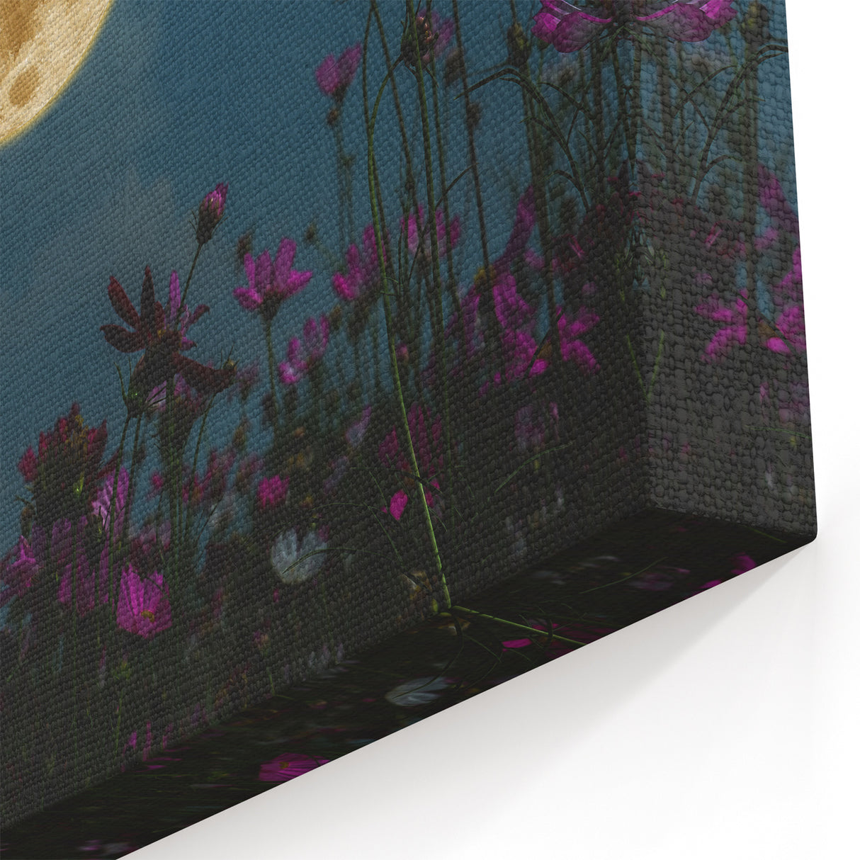 Golden Moon Over Flower Field – Serene Celestial Wall Art for Home