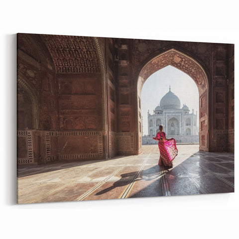 Acrylic India Art - Elegant Taj Mahal Reflection with Traditional Attire