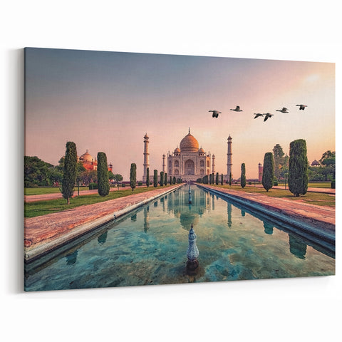 Indian Landscape Canvas - Majestic Taj Mahal Reflected at Sunrise Wall Art