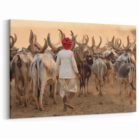 Indian Scenery Wall Decor - Traditional Herding Scene with Cattle and Dust