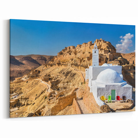 Tunisian Mountain Village Art - Majestic Ksar Landscape Wall Decor