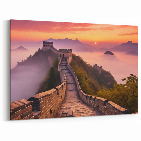 Misty Great Wall Sunrise Canvas Art – Serene Chinese Landscape Decor