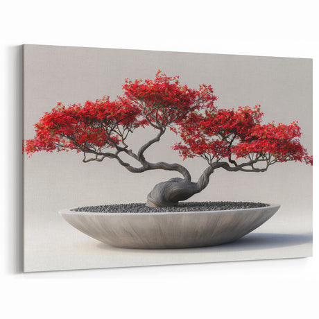 Striking Red Bonsai Tree Wall Art - Japanese-Inspired Zen Decor