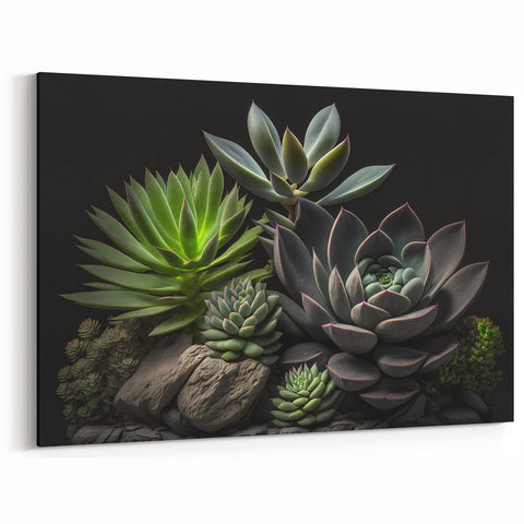 Dark Succulent Garden Wall Art - Elegant Green and Black Botanical Decor