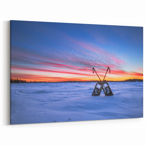 Winter Sunset in Manitoba - Snowshoes in Snow Landscape Wall Art