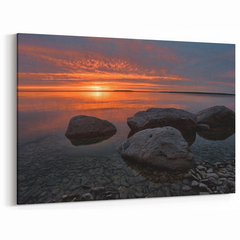 Manitoba Sunset Over Rocks - Serene Lake Reflection Wall Art Print