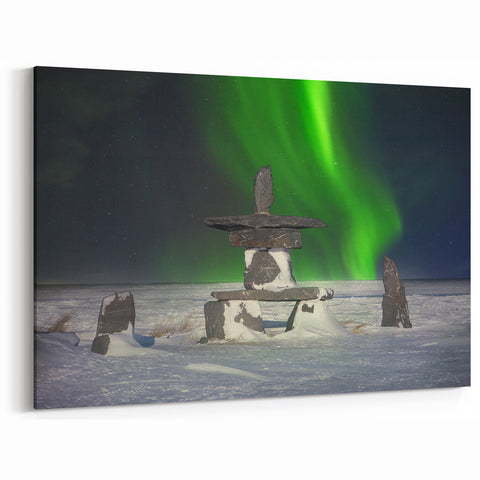 Manitoba Winter Inukshuk - Aurora Borealis Over Snowy Landscape Wall Art