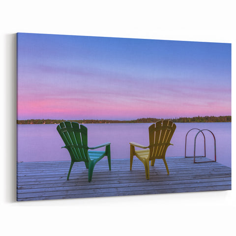 Relaxing Lakeside Evening - Manitoba Dock and Adirondack Chairs Wall Art