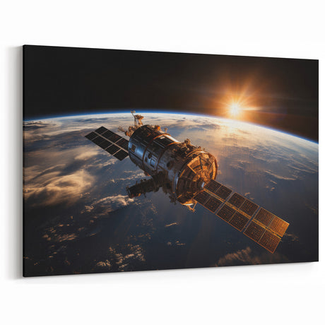 Satellite at Sunrise Over Earth - Stunning Cosmic Wall Decor Art