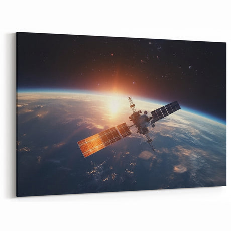Satellite at Sunrise Over Earth - Stunning Cosmic Wall Decor Art