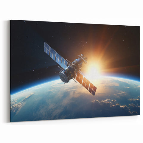 Satellite at Sunrise Over Earth - Cosmic Wall Art for Space Lovers
