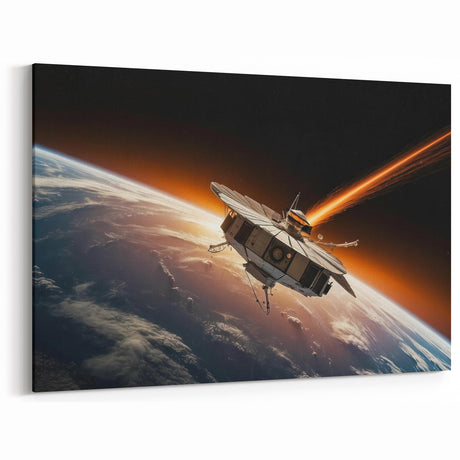 Satellite Orbiting Earth with Fiery Trail - Cosmic Space Wall Art