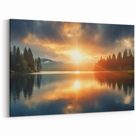 Serene Sunset Over Lake – Peaceful Sun Wall Art with Forest Reflections