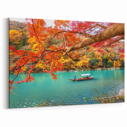 Japanese Scenery Wall Art – Autumn Foliage and Boat on Serene River