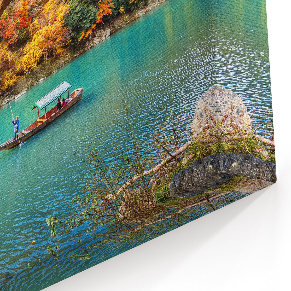 Japanese Scenery Wall Art – Autumn Foliage and Boat on Serene River