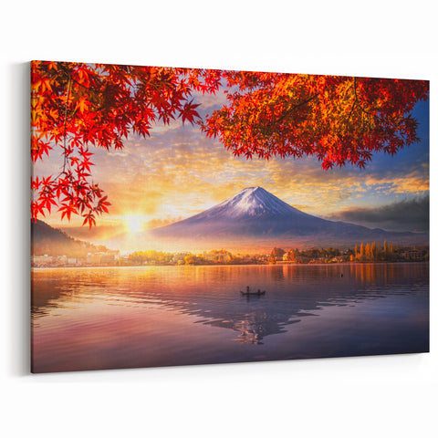Mount Fuji Art Print – Autumn Leaves and Sunrise Reflected on Lake