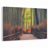 Bamboo Forest Path Art Print – Serene Japanese Scenery with Red Umbrella