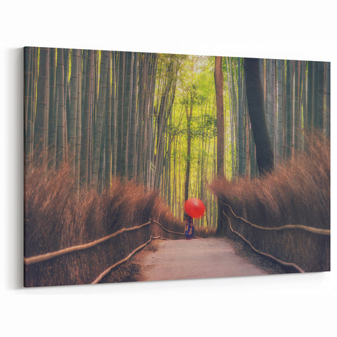 Bamboo Forest Path Art Print – Serene Japanese Scenery with Red Umbrella
