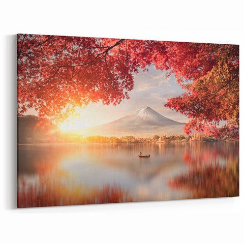 Mount Fuji Art Print – Autumn Sunrise Over Lake with Vibrant Red Leaves