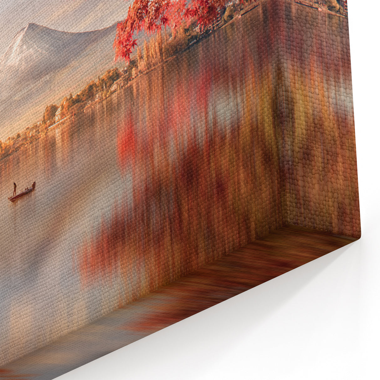 Mount Fuji Art Print – Autumn Sunrise Over Lake with Vibrant Red Leaves
