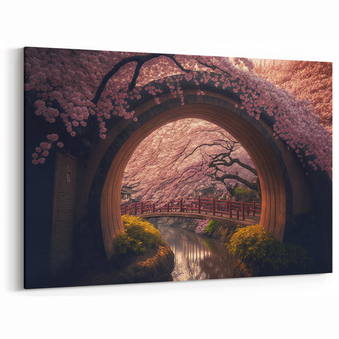 Japanese Archway and Cherry Blossoms Art Print – Serene Spring Landscape