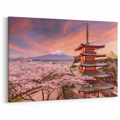 Mount Fuji Pagoda Art Print – Spring Cherry Blossoms at Sunset Japan