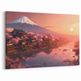 Mount Fuji Sunset Art Print – Traditional Japanese Houses and River View