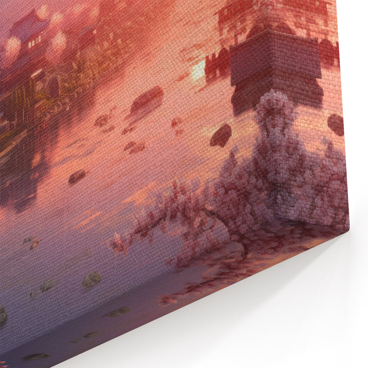 Mount Fuji Sunset Art Print – Traditional Japanese Houses and River View