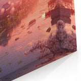 Mount Fuji Sunset Art Print – Traditional Japanese Houses and River View