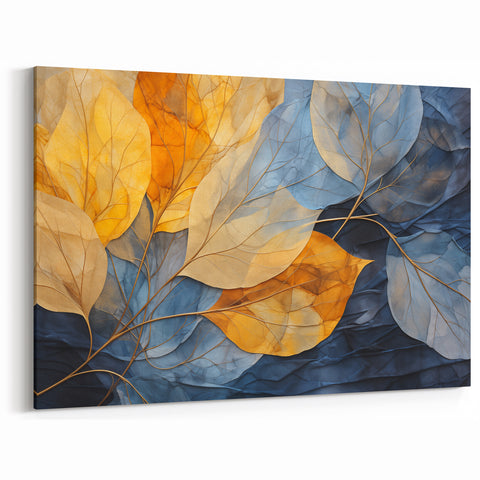 Golden and Blue Botanical Leaves Wall Art - Autumn Leaf Print Decor