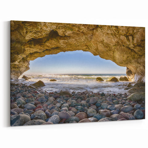 Coastal Cave View Newfoundland - Serene Ocean Pebbles Wall Art Print