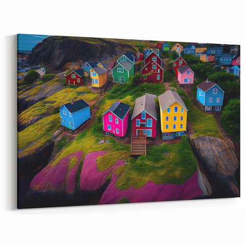 Colorful Houses of Newfoundland - Vibrant Coastal Village Wall Art Print