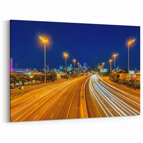Melbourne Highway Nightscape Wall Art - Vibrant City Lights Canvas Print
