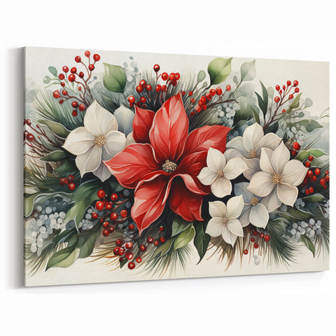Festive Poinsettia and Holiday Floral Wall Art - Botanical Christmas Decor