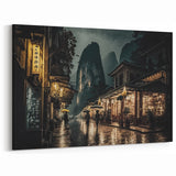 Kyoto Nightscape Art - Illuminated Streets and Mountains at Dusk