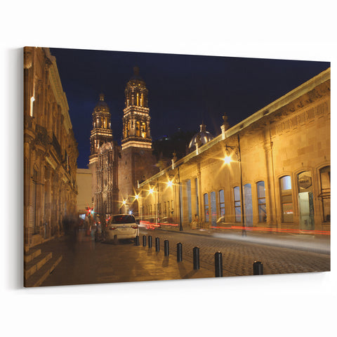 Mexico City Night Art - Illuminated Colonial Architecture Street Scene