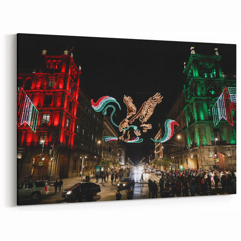 Mexico City Festive Art - Illuminated Eagle and Flag Street Scene Canvas