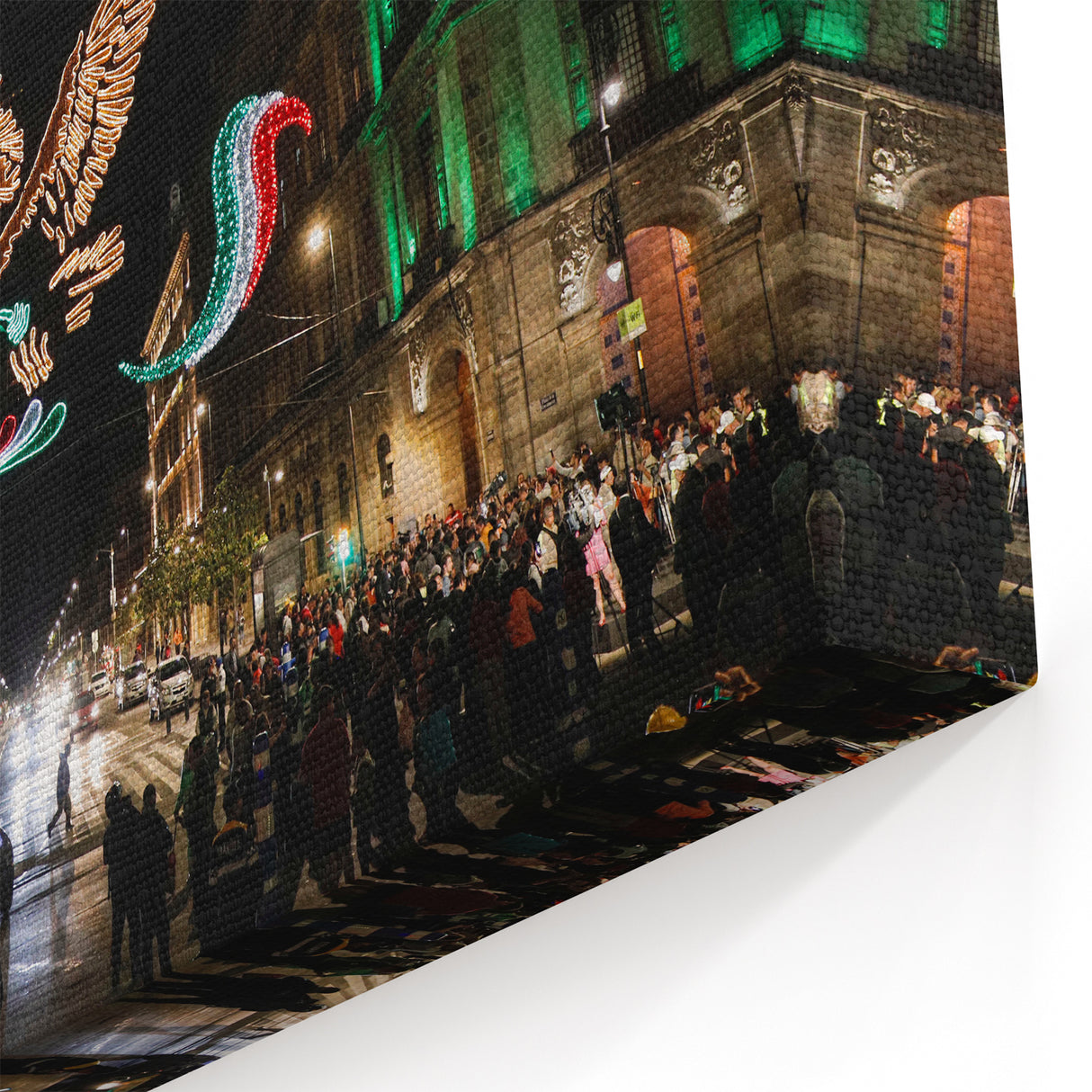 Mexico City Festive Art - Illuminated Eagle and Flag Street Scene Canvas