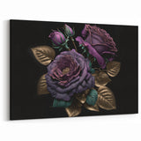 Purple Rose with Gold Leaves Wall Art – Elegant Floral Canvas Print