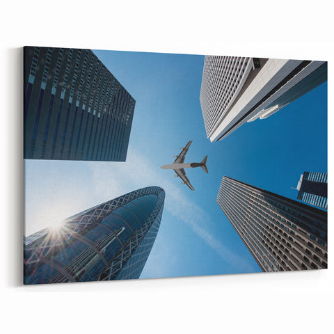 Tokyo Cityscape Print – Urban Skyline Art with Airplane for Japan Wall Decor