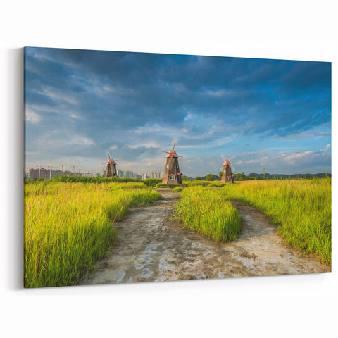 Korean Windmills in Green Field - Scenic Landscape Art Print