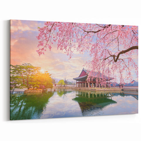 Korean Cherry Blossoms by Water - Scenic Spring Landscape Art Print
