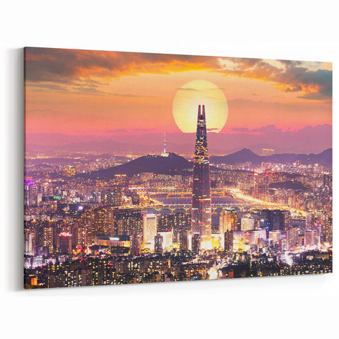 Seoul Cityscape at Sunset - Modern Korean Wall Art on Framed Canvas
