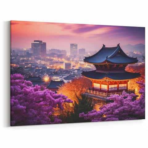 Cherry Blossoms and Cityscape - Traditional Korean Wall Art on Canvas
